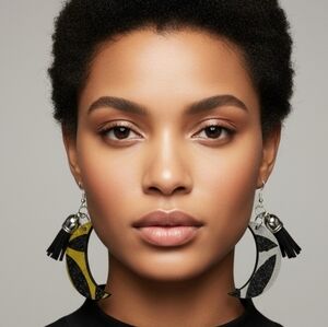 ARTISAN & HANDCRAFTED 2" Wood Crecent Moon Pierced Earrings W/ Black Tassles